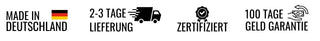 Informative Grafik im Produktbereich mit vier Symbolen: Made in Germany, 2–3 Tage Lieferung, Zertifiziertes Produkt und 100 Tage Geld-zurück-Garantie. Diese Darstellung unterstreicht die Qualitäts- und Serviceversprechen von Pure Elements Naturkosmetik.