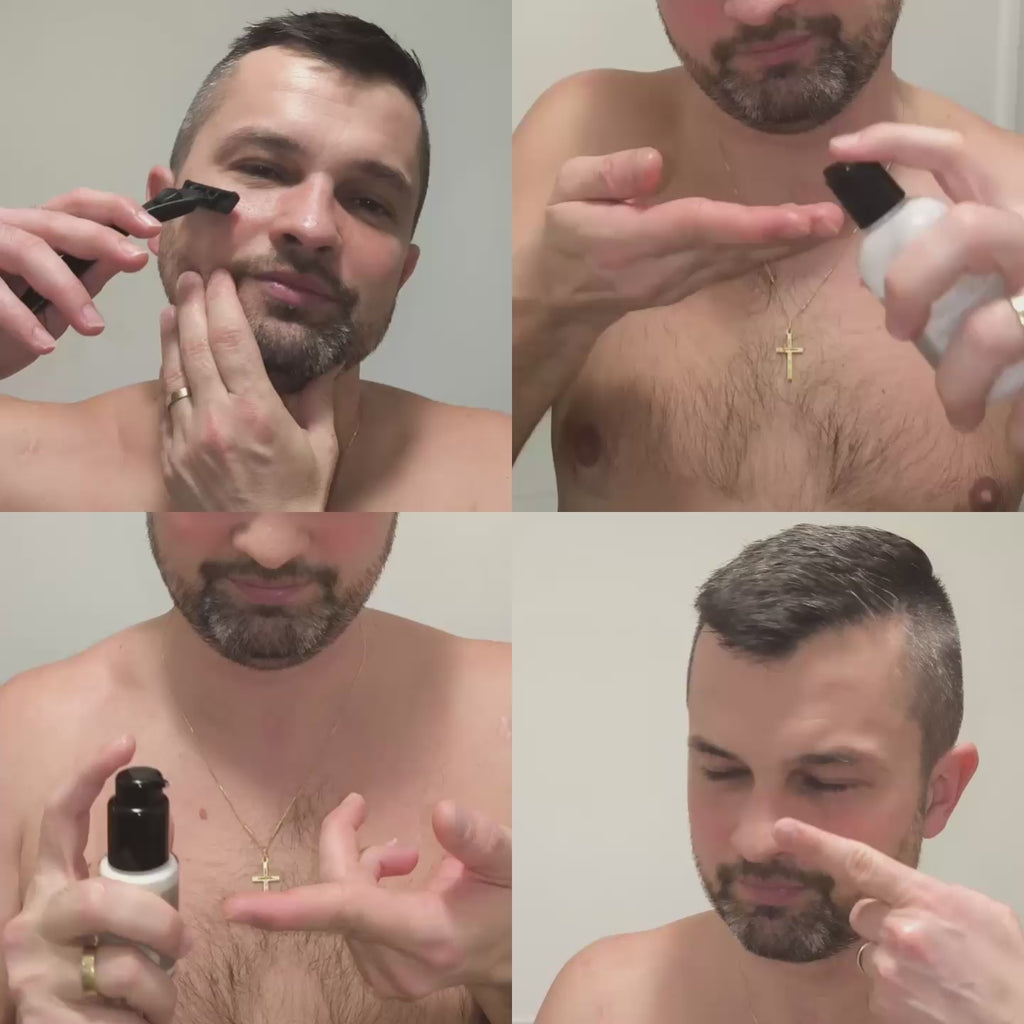 Ein Mann zeigt die Anwendung der Pure Elements MEN-Serie – nach der Rasur trägt er den MEN After Shave Balm Energie und anschließend das MEN Q10 Care Fluid Energie auf. Vegane, BDIH-zertifizierte Naturkosmetik mit Bergkristallen, glutenfrei und tierversuchsfrei, hergestellt in Deutschland